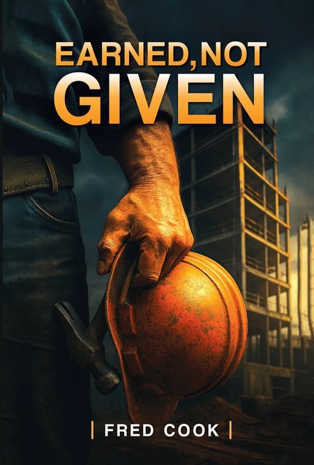 Earned, Not Given book cover by Fred Cook, showing a worker holding a hard hat at a construction site
