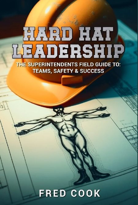 Hard Hat Leadership book cover by Fred Cook, showing an orange hard hat over a blueprint